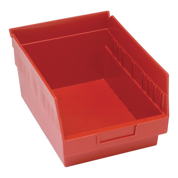 A red Quantum shelf bin with two compartments.