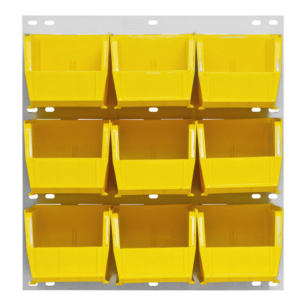 A Quantum white steel louvered panel with yellow bins inside.