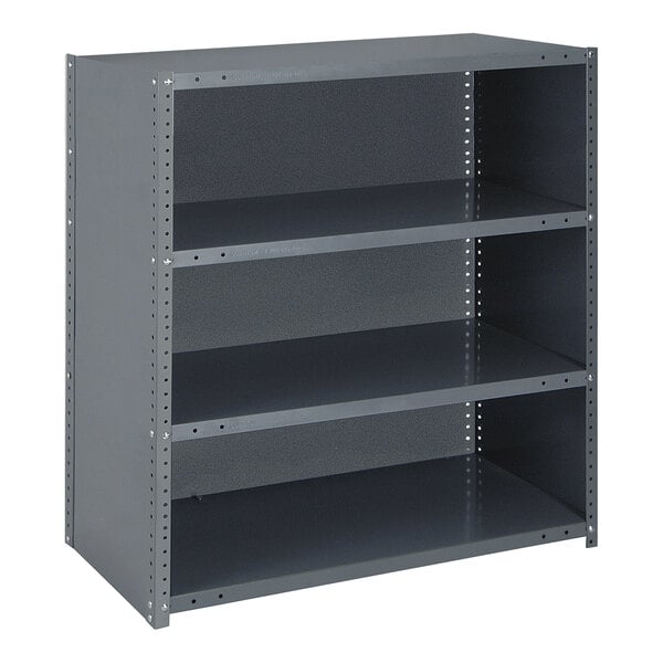 A gray Quantum steel shelving unit with four shelves.