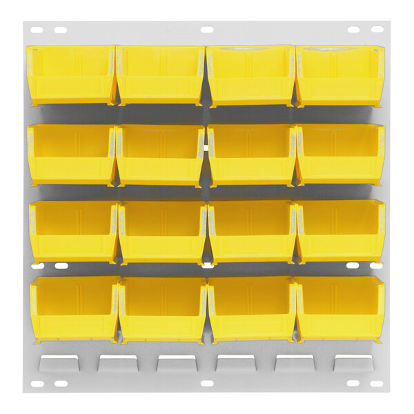 A Quantum white steel louvered panel with yellow bins on a white surface.