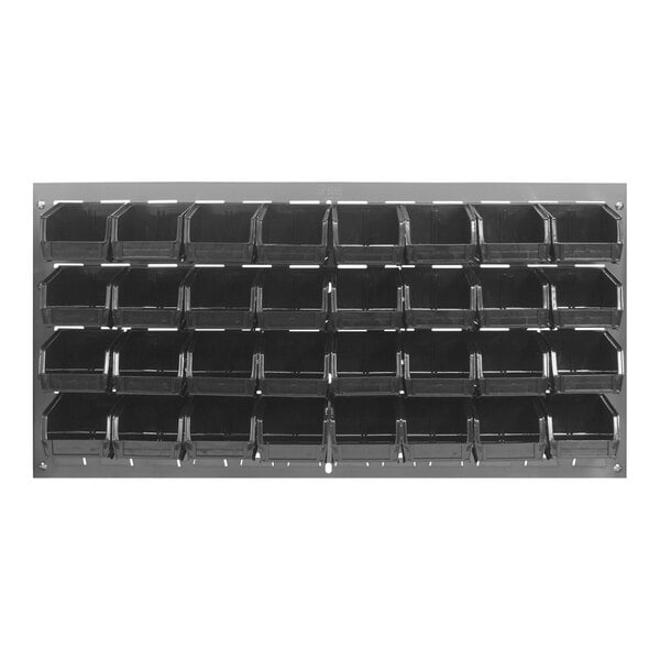 A Quantum gray steel louvered panel with black bins on a white background.