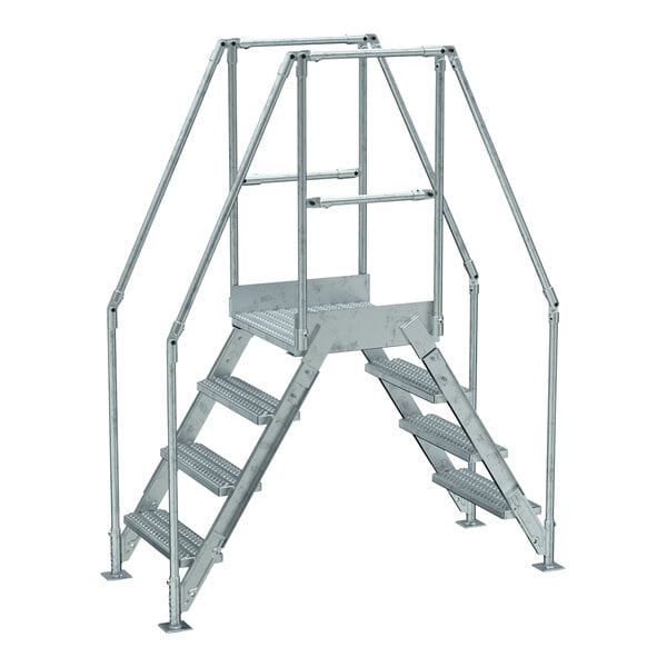 A Vestil galvanized steel crossover ladder with handrails and metal bars.