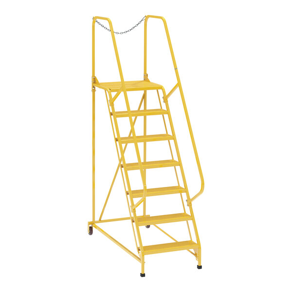 A yellow Vestil steel maintenance ladder with perforated steps.