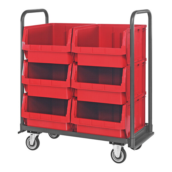 A Quantum red tote truck with 4 red bins on it.