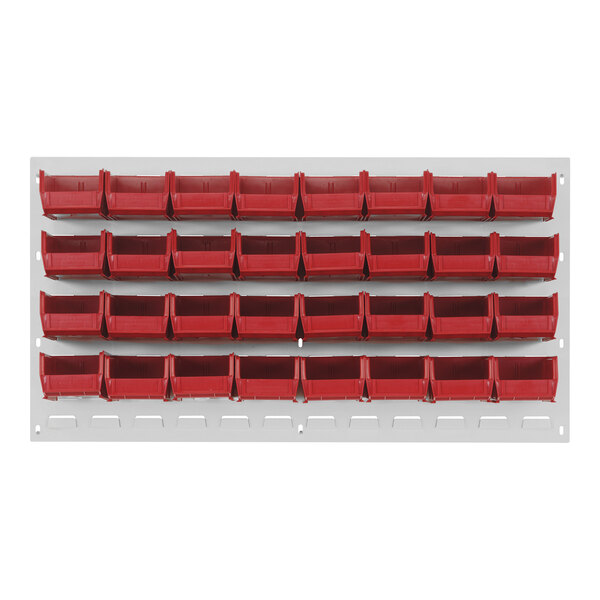 A Quantum white steel louvered panel with red bins.