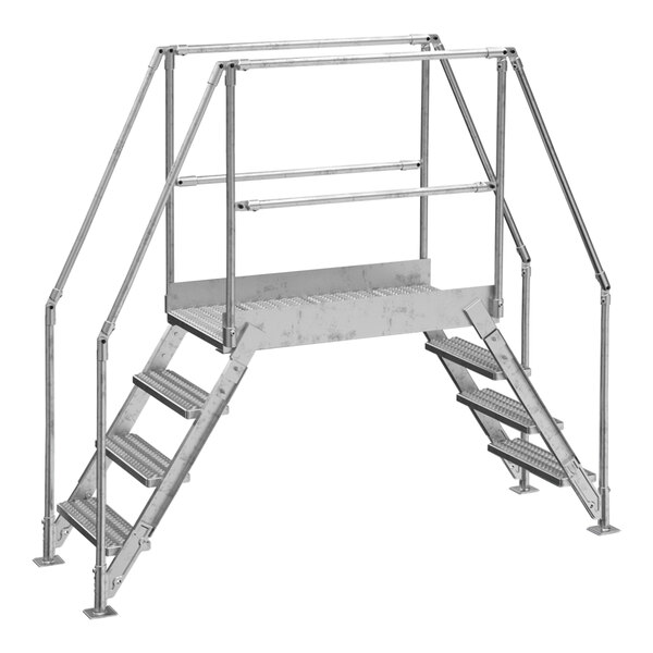 A Vestil galvanized steel crossover ladder with metal railings and steps.