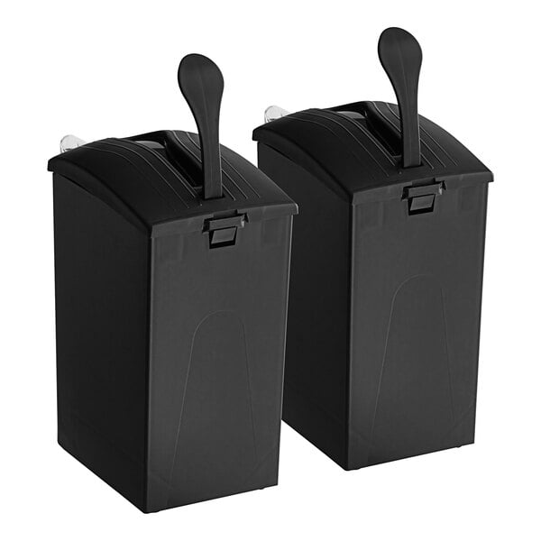 A pair of black plastic ServSense condiment pouch dispensers with a handle.