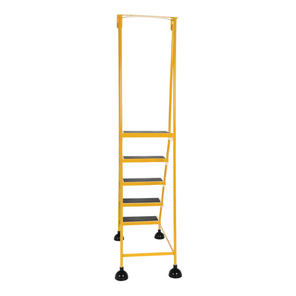 A yellow Vestil commercial rolling step ladder with serrated rubber steps and wheels.