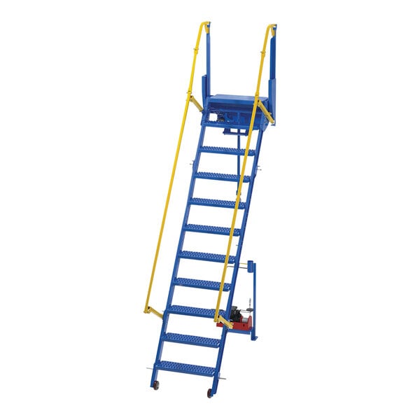 A blue ladder with yellow handles.