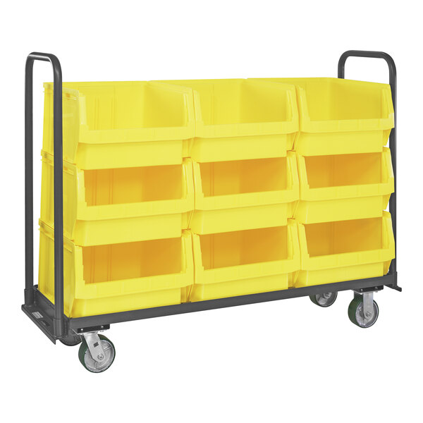 A Quantum yellow tote truck with yellow bins on it.