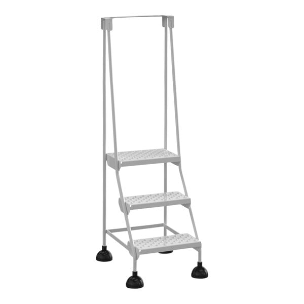 A white Vestil commercial rolling step ladder with three steps and wheels.