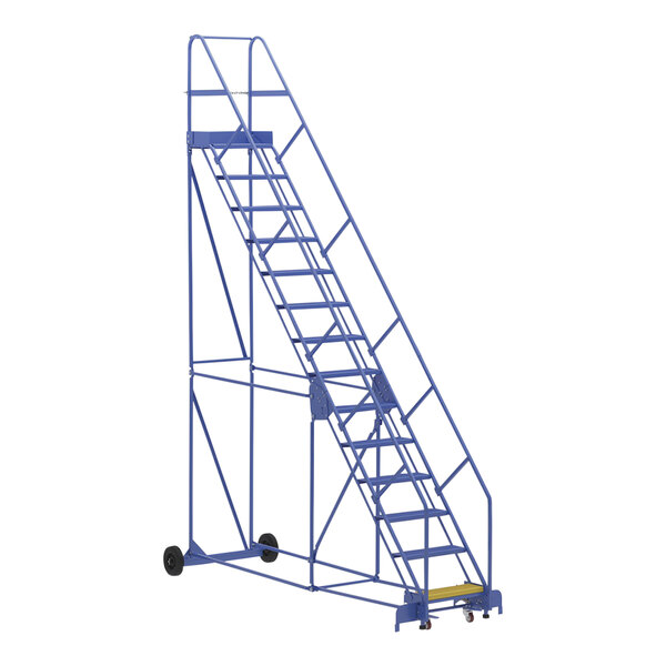 A blue metal Vestil warehouse ladder with wheels.