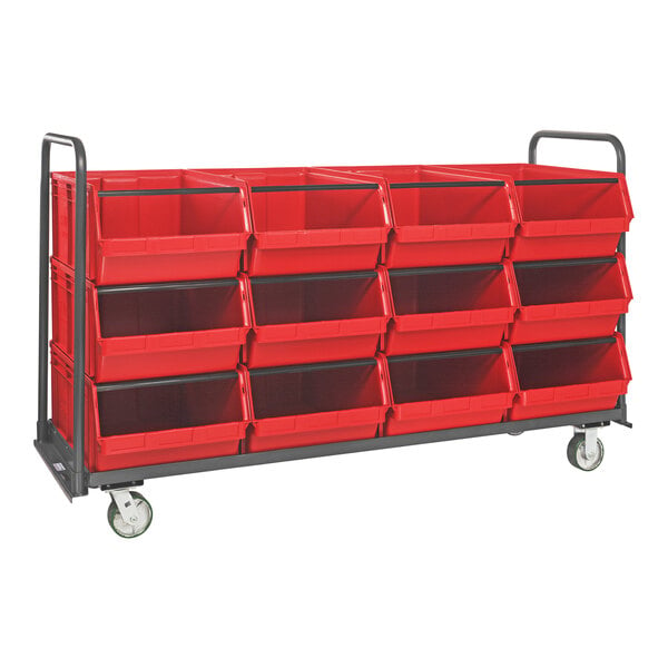 A Quantum red bin cart holding three red bins.