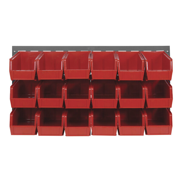 A Quantum gray steel louvered panel with 18 red plastic bins with clear windows.
