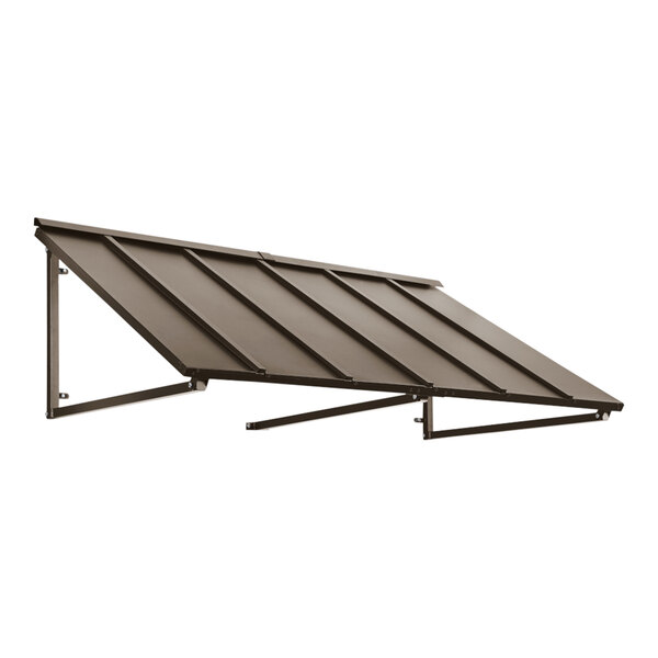 An Awntech Houstonian bronze metal standing seam awning over a white background.
