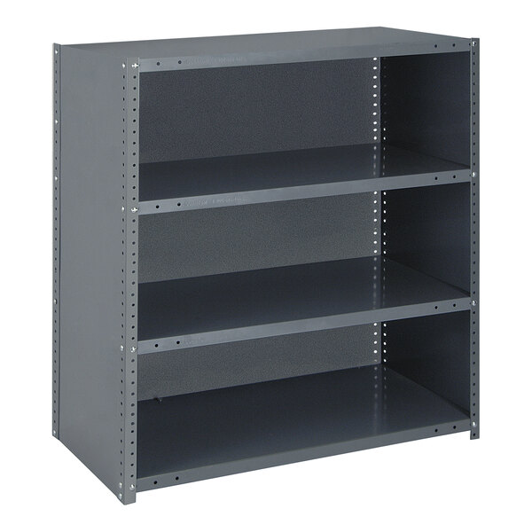 A Quantum grey steel heavy-duty shelving unit with four shelves.