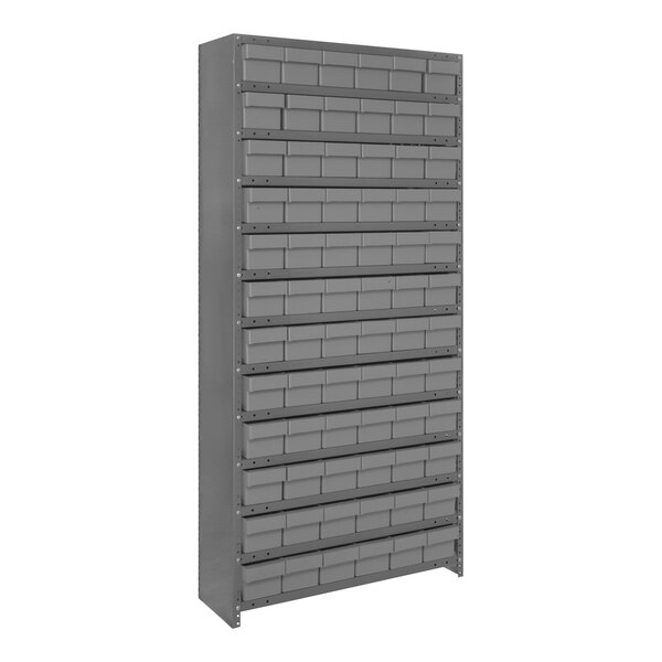 A grey steel Quantum shelving system with closed drawers.