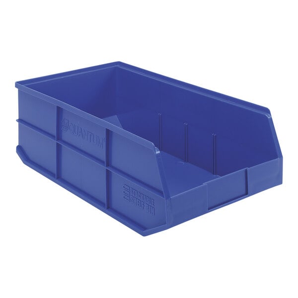 A Quantum blue plastic stackable shelf bin with a white background.