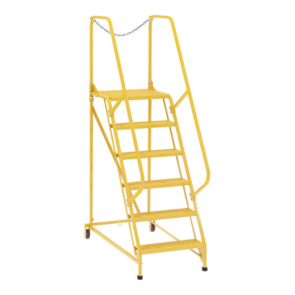 A yellow Vestil maintenance ladder with perforated steps.