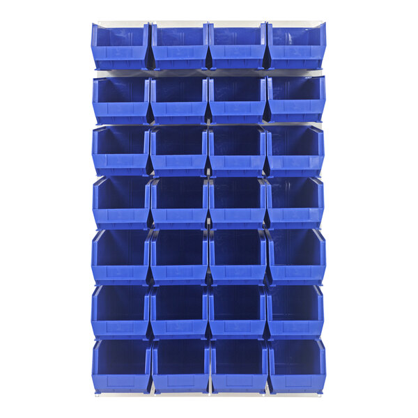 A Quantum white steel louvered panel with a stack of blue bins.