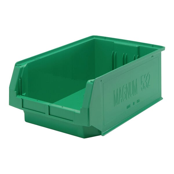 A Quantum green plastic storage tote bin with a lid.