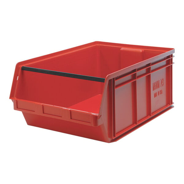 A red plastic storage tote bin with black handles and trim.