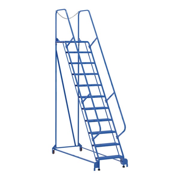 A blue Vestil steel maintenance ladder with perforated steps and wheels.