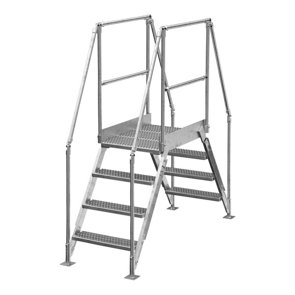 A Vestil galvanized steel crossover ladder with 4 steps and metal bars.