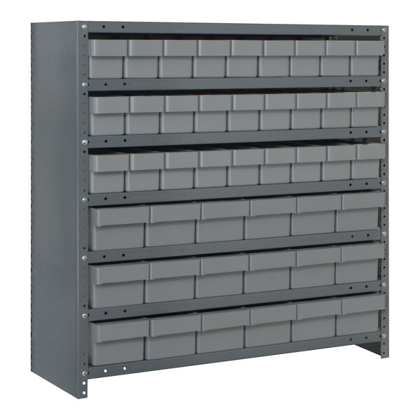 A Quantum grey steel Euro drawer shelving unit with grey plastic bins on five shelves.