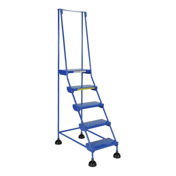 A blue Vestil commercial rolling step ladder with perforated steps and four steps.