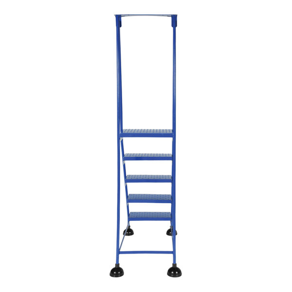 A blue metal Vestil rolling step ladder with perforated steps and wheels.