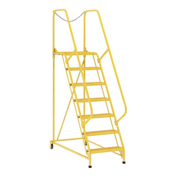 A yellow metal Vestil maintenance ladder with Grip Strut steps.
