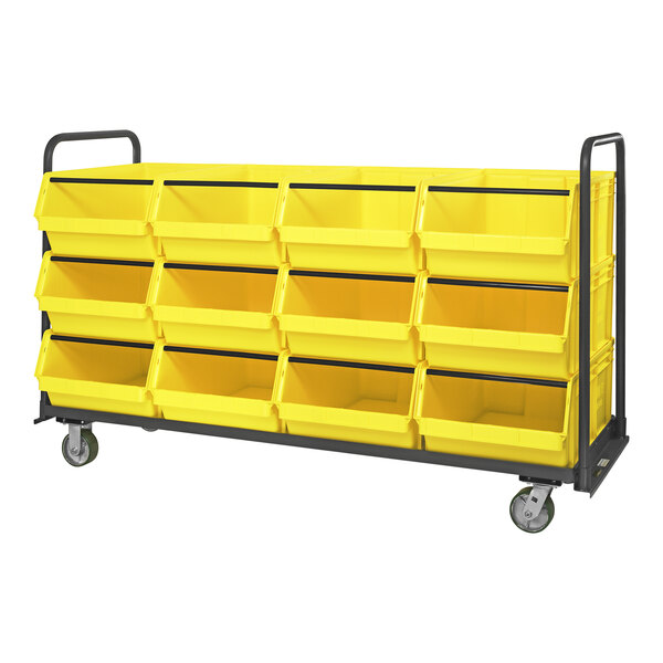 A yellow Quantum tote truck with six yellow bins on it.