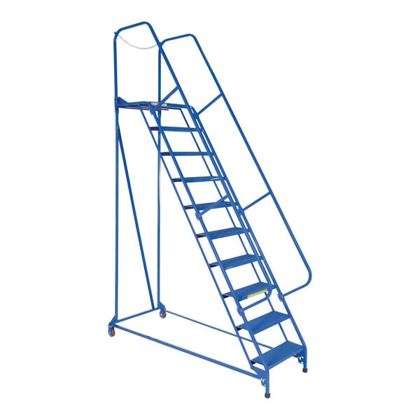 A blue Vestil steel maintenance ladder with perforated steps and a metal handrail.