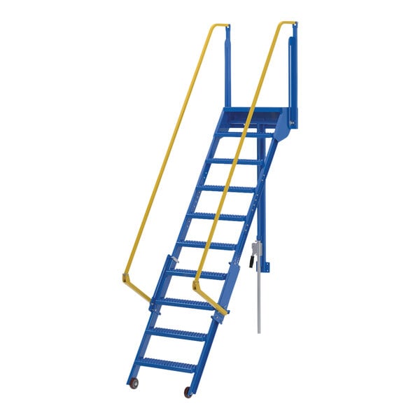 A blue and yellow steel Vestil manual folding mezzanine ladder.