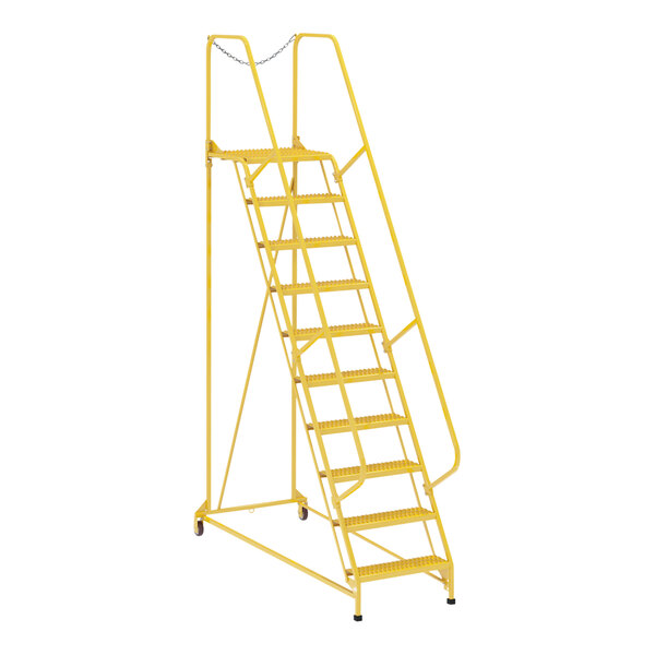 A yellow metal Vestil maintenance ladder with grip strut steps.