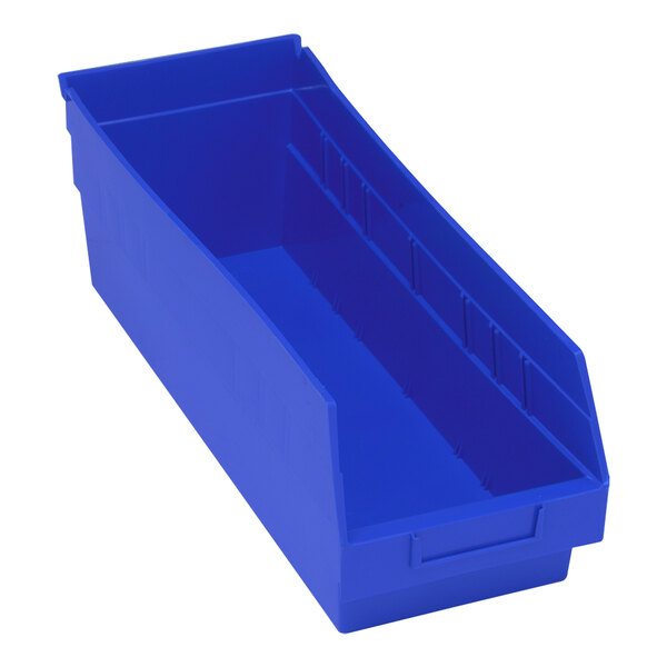 A blue plastic Quantum shelf bin with a blue handle.