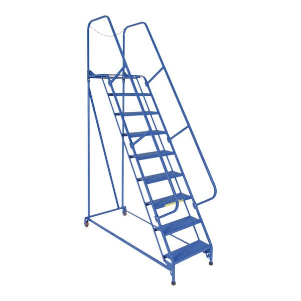 A blue metal ladder with wheels.