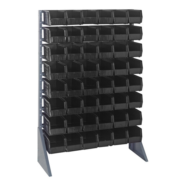 A Quantum gray steel rack with black bins on it.