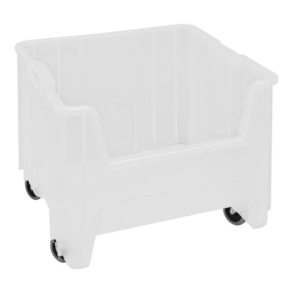 A clear plastic mobile storage container with wheels.