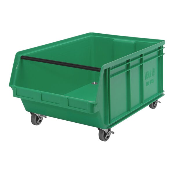 A green plastic bin with black wheels.