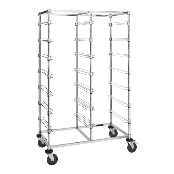 A Quantum metal double bay bin cart with shelves on wheels.