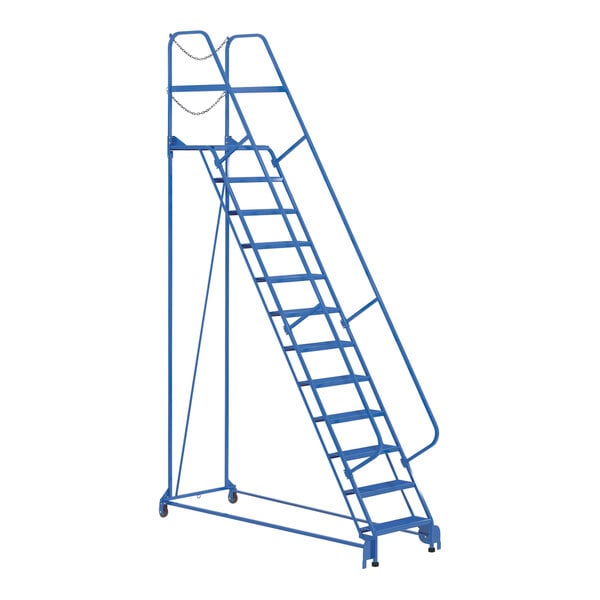 A blue Vestil steel maintenance ladder on wheels.