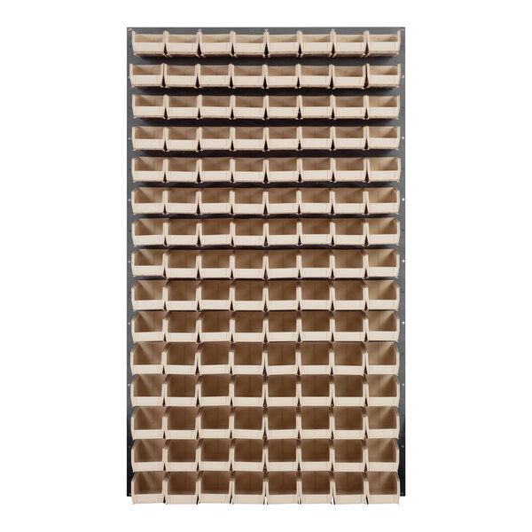A Quantum gray steel louvered panel with ivory bins on it.