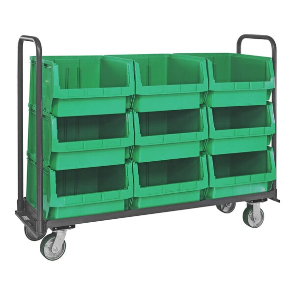 A Quantum green tote truck with green bins on it.