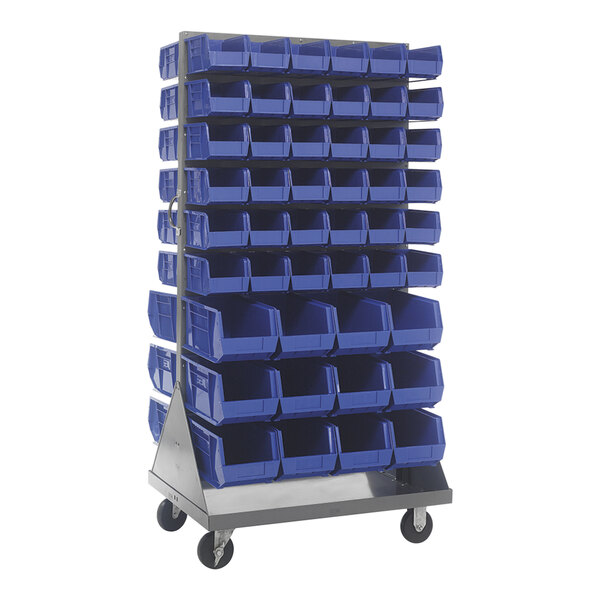 A Quantum steel mobile louvered rack with blue bins on it.