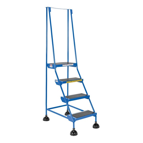 A blue metal Vestil commercial rolling ladder with four steps.