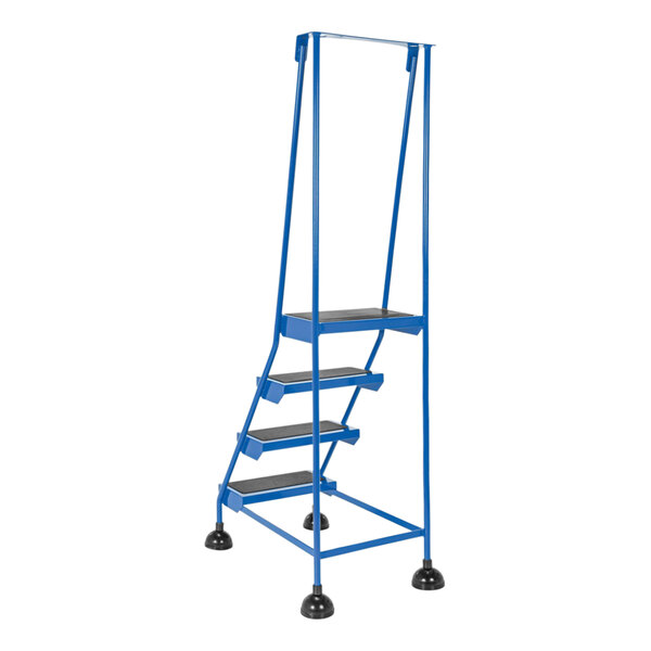A blue metal Vestil commercial rolling step ladder with serrated black steps.