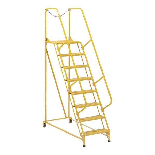 A yellow steel maintenance ladder with perforated steps and metal bars.