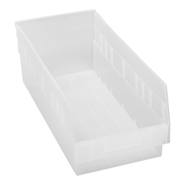 A clear plastic Quantum shelf bin with a handle.